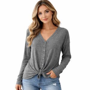 Isaac Mizrahi New York Shirt Womens Small Gray Waffle Knit Button Front Tie Top